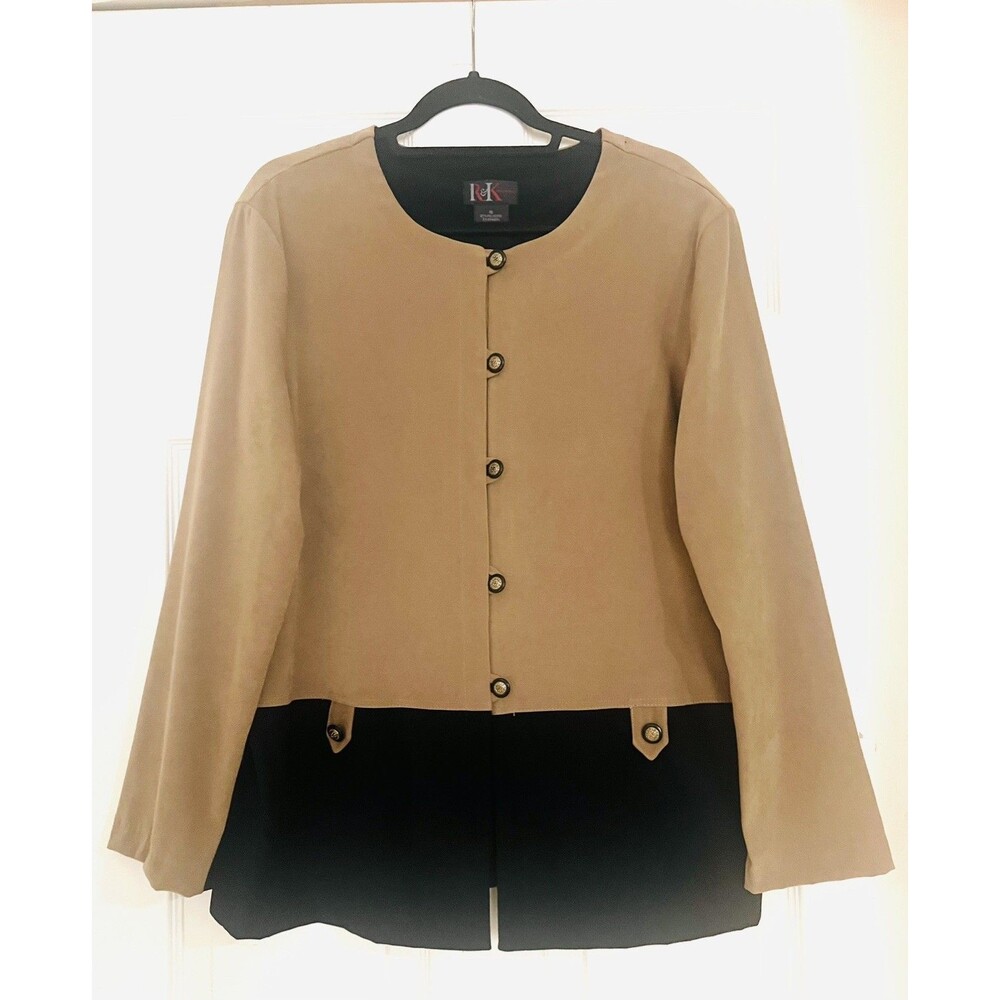 R&K Collections Tan Black Colorblock Button Front Lined Short Jacket 16